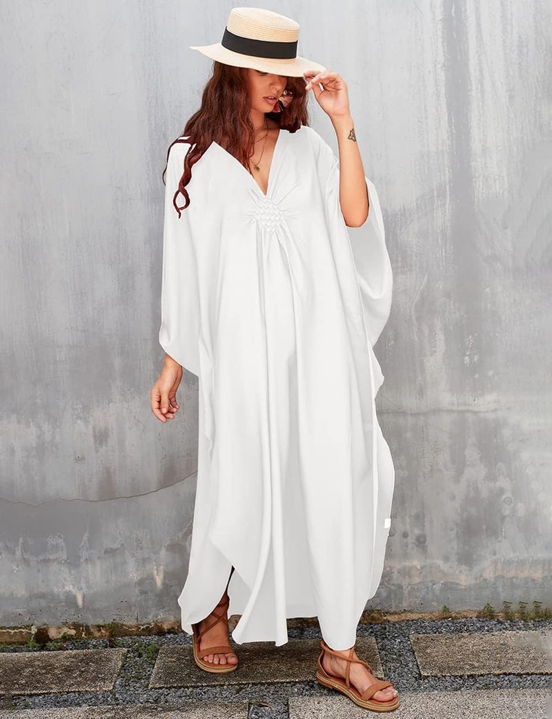Bsubseach Women Solid Color Cover Up V Neck Batwing Sleeve Plus Size Beach Kaftan Dresses - Image 4